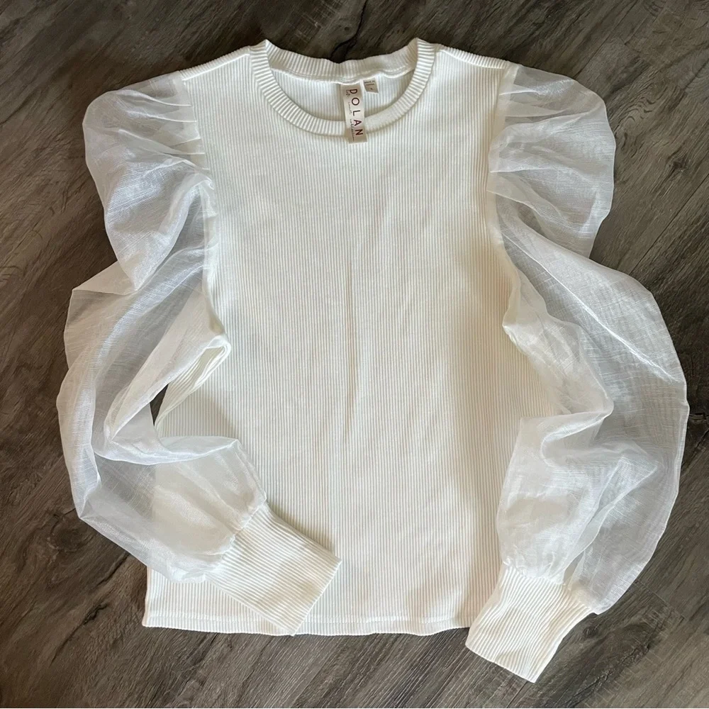 Anthropologie DOLAN Left Coast Puff-Sleeve Top Ribbed Knit Sheer Sleeve Sweater